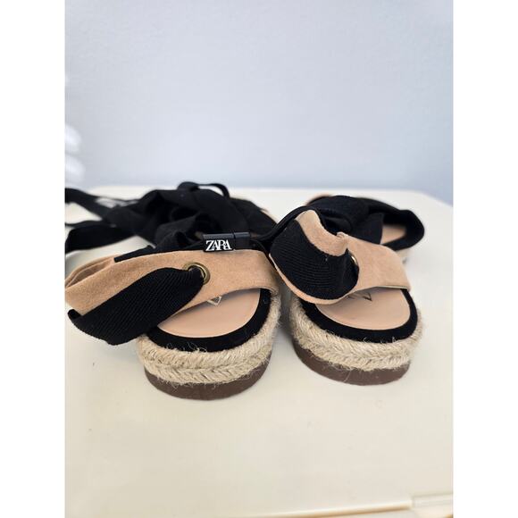 ZARA Lace-Up Espadrille Flats Size 8 US NWT Summer Coastal Sandals Black Tan - Picture 12 of 13